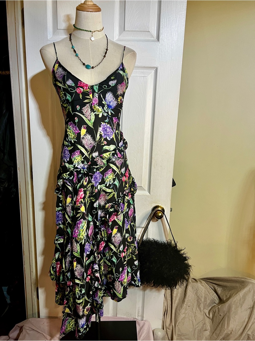 H&M Wms Black Floral Bird Print Bias Ruffle Asymmetric Sheer Midi Slip Dress 2